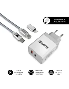 SUBBLIM CARGADOR ULTRA RAPIDO 2xUSB DE PARED PD25W+QC3.0+Cable C to C y lightning Blanco