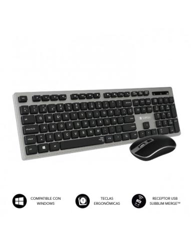 SUBBLIM Teclado Ergonómico y ratón inalámbricos Plano Silencioso Gris/Negro Ergo