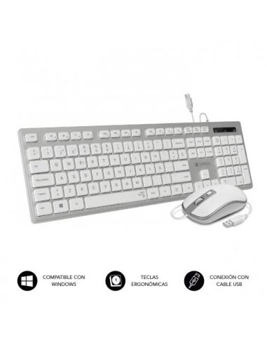 SUBBLIM Teclado Ergonómico y ratón con cable USB Plano Silencioso Plateado/Blanco Ergo