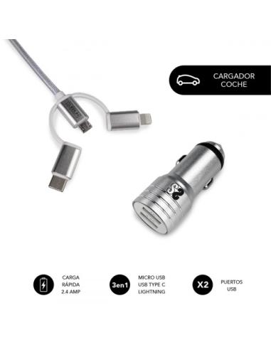 SUBBLIM Cargador Coche 2xUSB Dual Car Charger Alum 2.4A + Cable 3 in 1 Silver