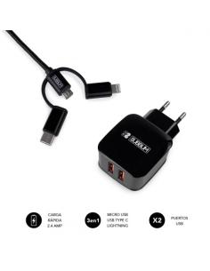 SUBBLIM CARGADOR USB DE VIAJE/PARED 2xUSB (2.4A) + CABLE 3EN1 BLACK Negro Interior