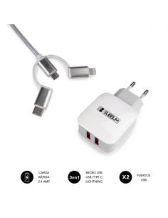 SUBBLIM CARGADOR USB DE VIAJE/PARED 2xUSB (2.4A) + CABLE 3EN1 WHITE Plata, Blanco Interior