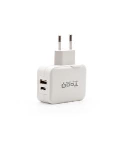 TooQ Cargador de Pared doble puerto USB-C + USB A, 27W