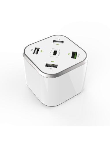 AISENS Cargador 48W 5 Puertos 3x USB-A 1x USB-C 1x USB QC3.0, Blanco