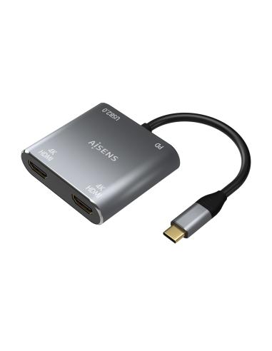 AISENS Conversor USB-C a 2XHDMI 4K SST MST/USB2.0/USB-C PD 60W, USB-C/M-2XHDMI/H-USB-A/H-USB-C/H, Gris, 15CM