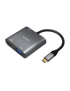 AISENS Conversor USB-C a VGA/HDMI 4K/USB3.0/USB-C PD, USB-C/M-VGA/H-HDMI/H-USB-A/H-USB-C/H, Gris, 15CM