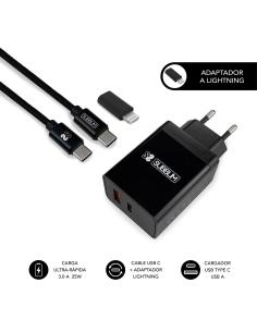 SUBBLIM CARGADOR ULTRA RAPIDO 2xUSB DE PARED PD25W+QC3.0+Cable C to C y lightning Negro