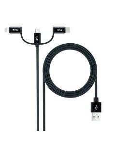 Nanocable Cable USB 3 en 1 Carga/Datos USB-A a USB-C/Micro USB/Lightning 1 m, Negro